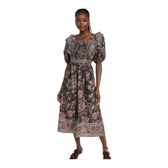 NWT SEA NEW YORK Tess Puff Sleeve Open Back Smocked Floral Midi Dress Size 4 - Picture 7 of 14